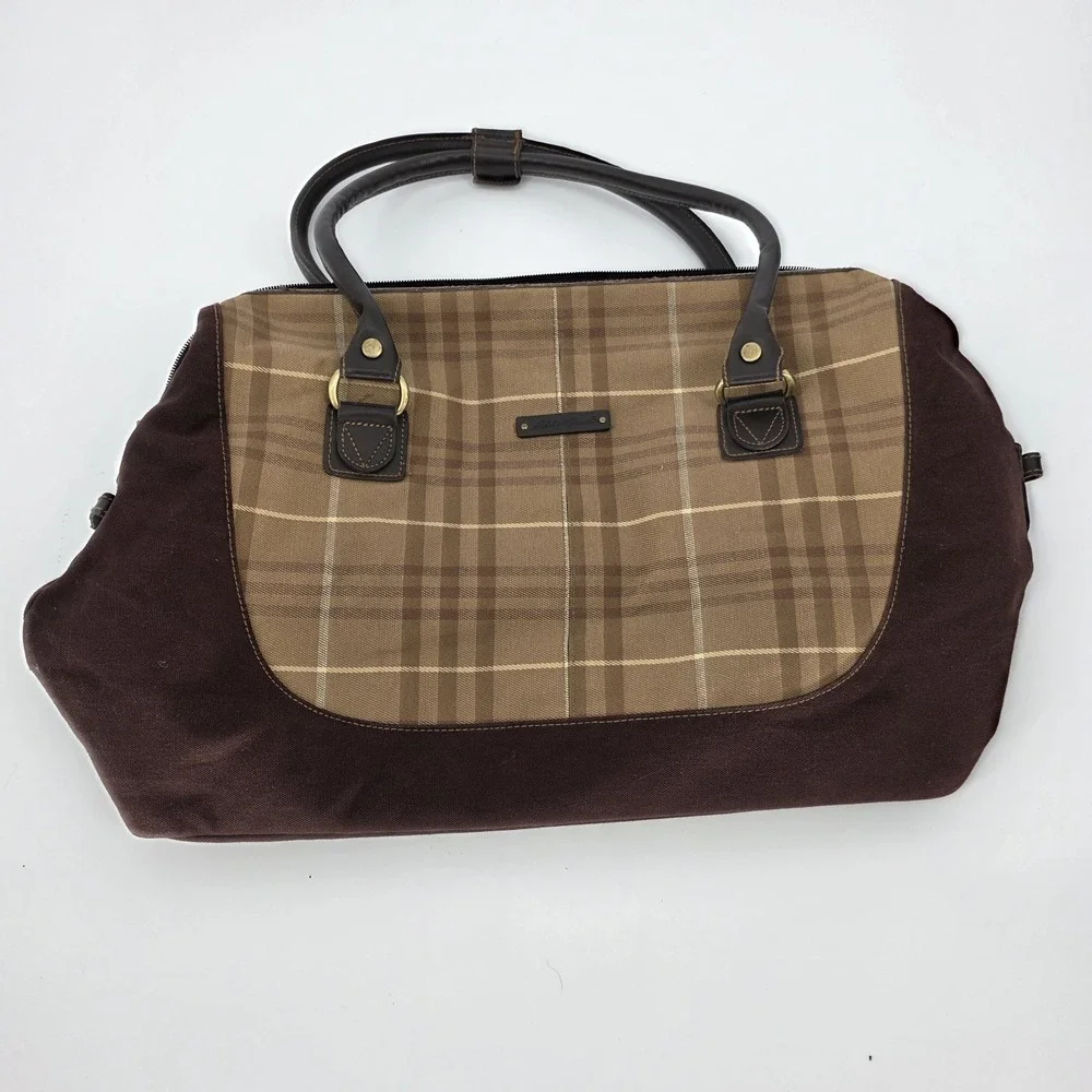 Vintage Eddie Bauer Carry on Weekend Bag Luggage Tartan Plaid Canvas Leather $$$